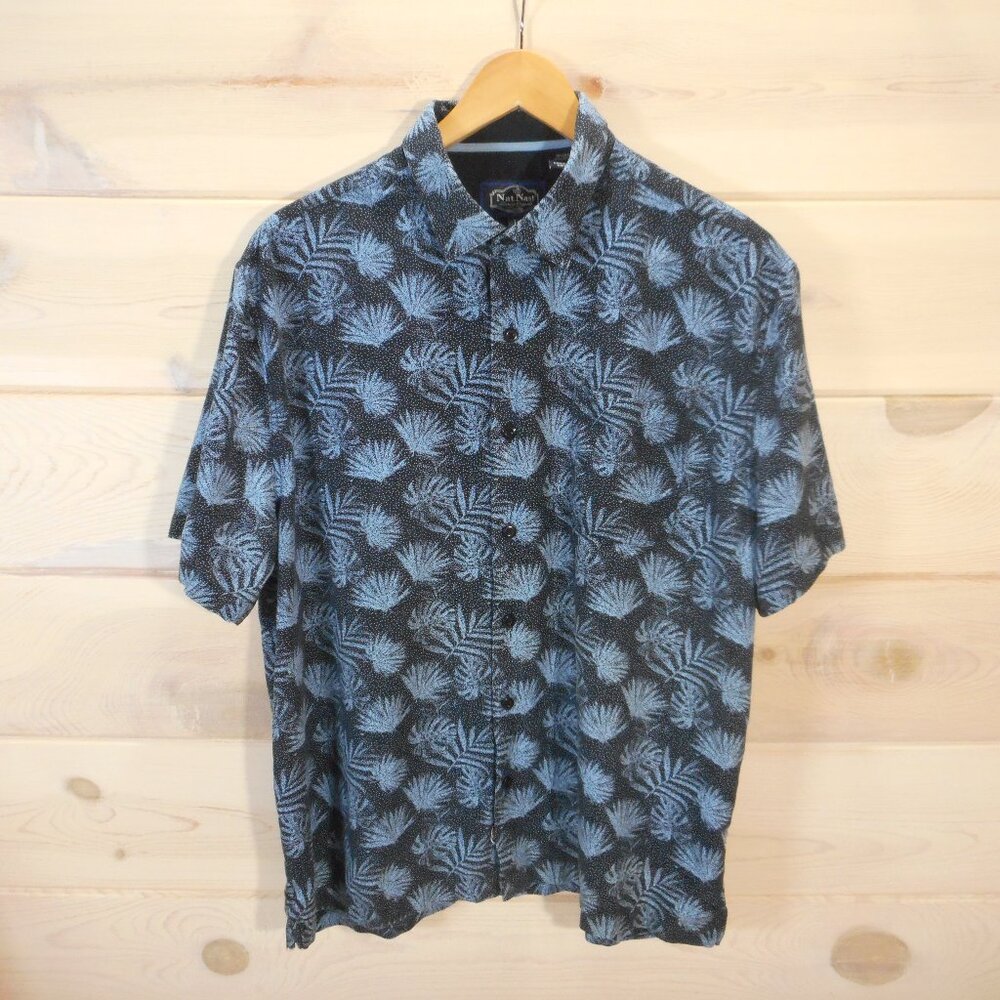 Nat Nast Men's L Silk Blend Button-Up Shirt Navy Short Sleeve Palm Leaf Print